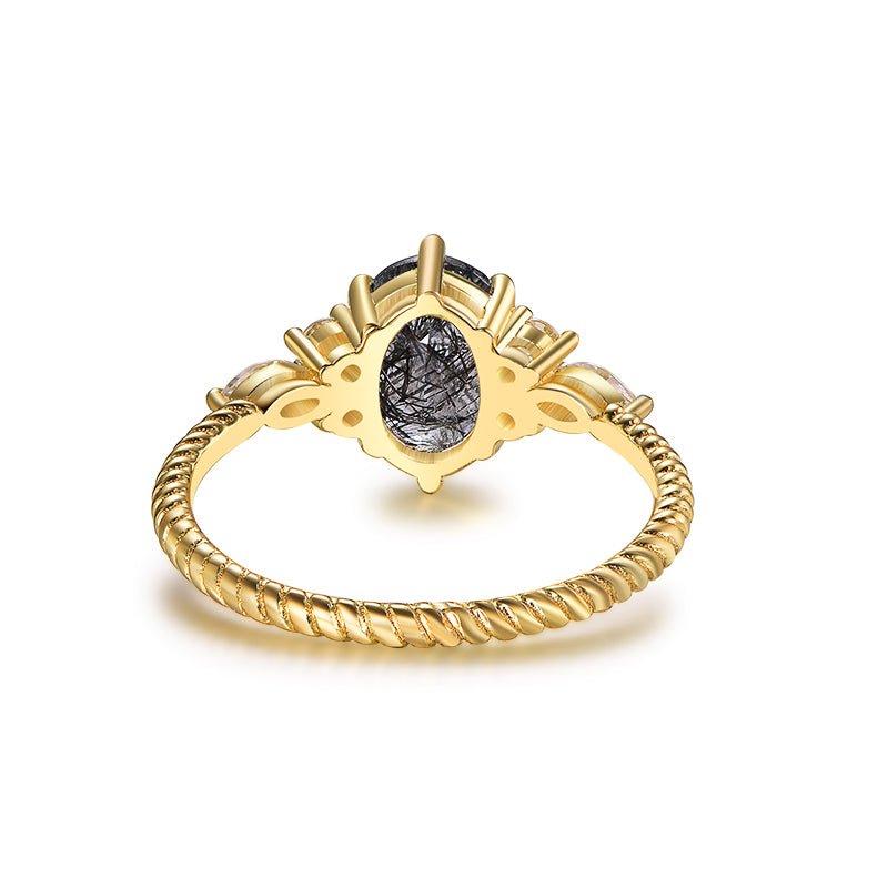 Oval Black Rutilated Quartz Moissanite Ring Twisted Rope 14K Yellow Gold - Lord of Gem Rings