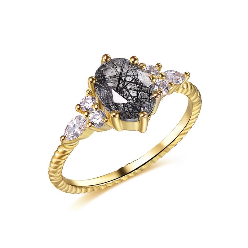 Oval Black Rutilated Quartz Moissanite Ring Twisted Rope 14K Yellow Gold - Lord of Gem Rings