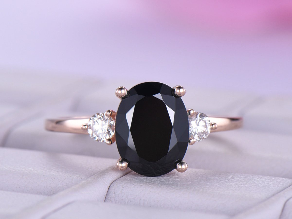 Oval Black Spinel Engagement Ring Moissanite Band 14k Rose Gold 7x9mm - Lord of Gem Rings