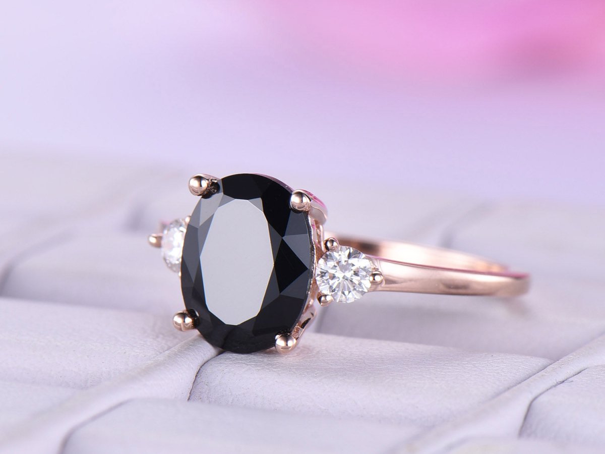 Oval Black Spinel Engagement Ring Moissanite Band 14k Rose Gold 7x9mm - Lord of Gem Rings