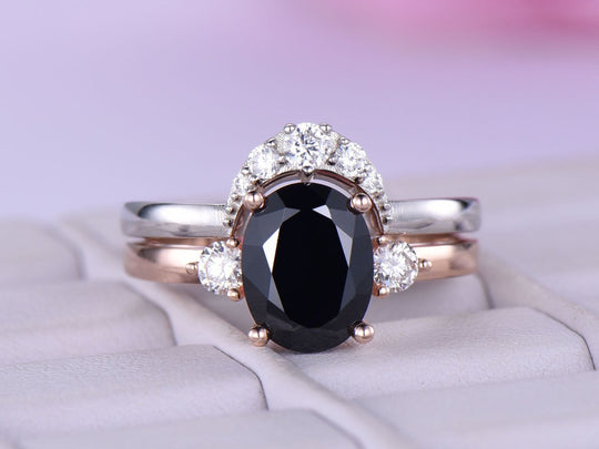 Oval Black Spinel Engagement Ring Sets Moissanite Wedding Band 14k Rose Gold 7x9mm