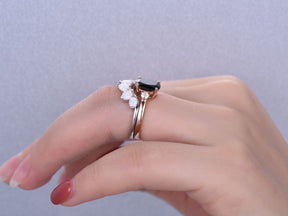 Oval Black Spinel Tiara Opal Bridal Set 14k Rose Gold - Lord of Gem Rings
