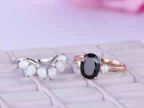 Oval Black Spinel Tiara Opal Bridal Set 14k Rose Gold - Lord of Gem Rings