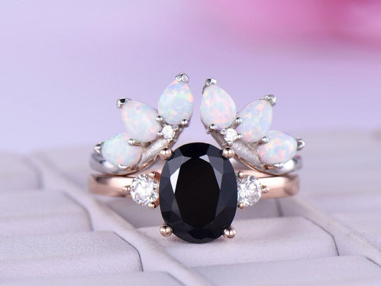 Oval Black Spinel Tiara Opal Bridal Set 14k Rose Gold