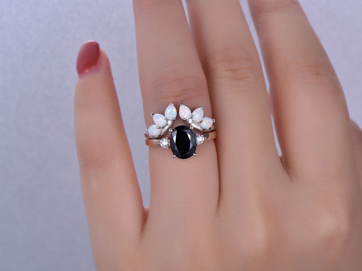 Oval Black Spinel Tiara Opal Bridal Set 14k Rose Gold - Lord of Gem Rings