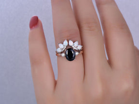 Oval Black Spinel Tiara Opal Bridal Set 14k Rose Gold - Lord of Gem Rings