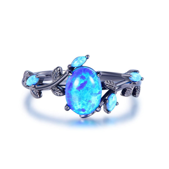 Oval Blue Opal Engagement Vine Ring 14K Gold/Silver
