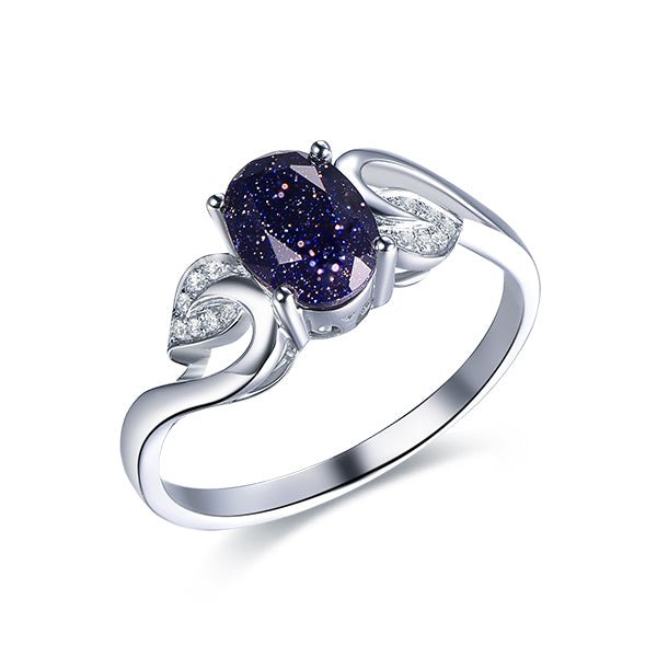 Oval Blue Sandstone Diamond Leaf Engagement Ring 14K White Gold - Lord of Gem Rings