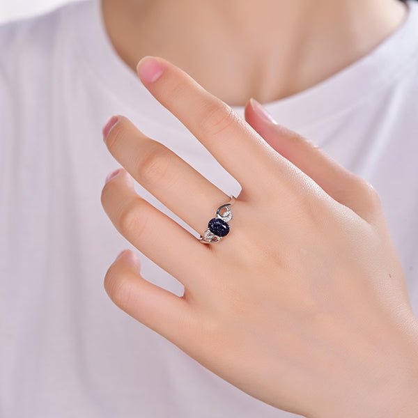 Oval Blue Sandstone Diamond Leaf Engagement Ring 14K White Gold - Lord of Gem Rings
