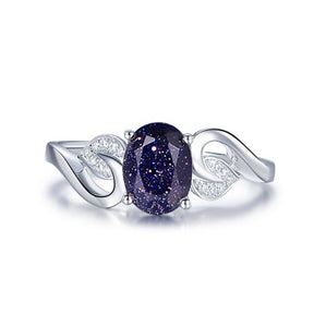 Oval Blue Sandstone Diamond Leaf Engagement Ring 14K White Gold - Lord of Gem Rings