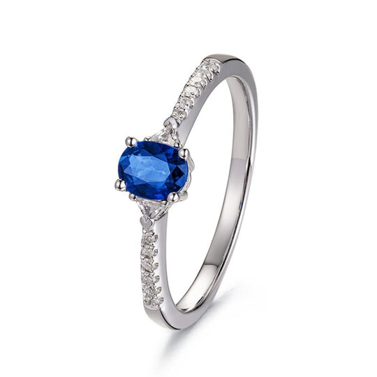Oval Blue Sapphire Diamond Engagement Ring 14K White Gold