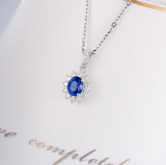 Oval Blue Sapphire Diamond Pendant 14K White Gold