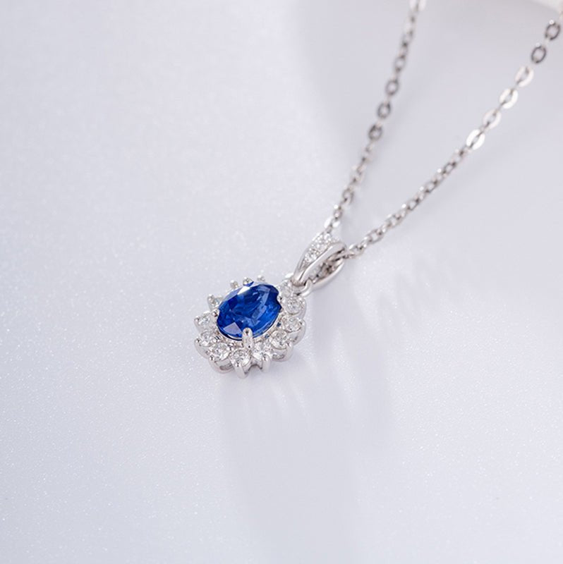 Oval Blue Sapphire Diamond Pendant 14K White Gold - Lord of Gem Rings