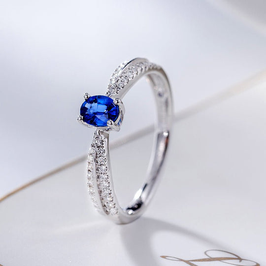 Oval Blue Sapphire Diamond Split Shank Engagement Ring 14K White Gold