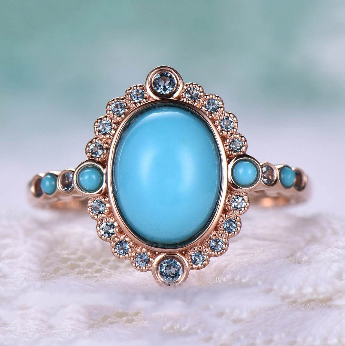 Oval Cabochon Turquoise Cathedral Art Nouveau Ring 14K Rose Gold - Lord of Gem Rings