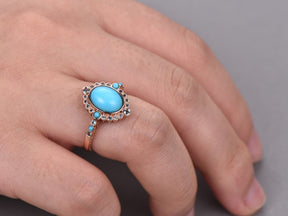 Oval Cabochon Turquoise Cathedral Art Nouveau Ring 14K Rose Gold - Lord of Gem Rings