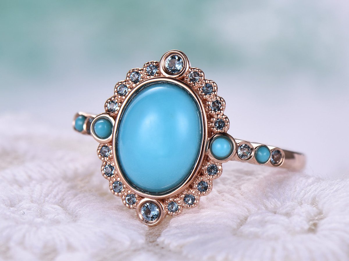 Oval Cabochon Turquoise Cathedral Art Nouveau Ring 14K Rose Gold - Lord of Gem Rings