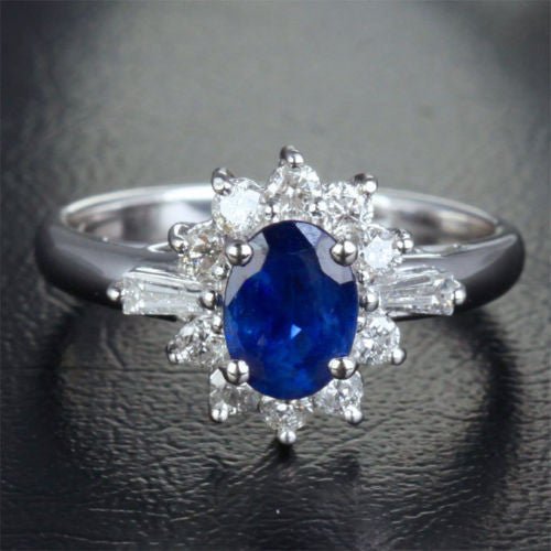 Oval Ceylon Blue Natural Sapphire Petal Halo Baguette Diamond Engagement Ring