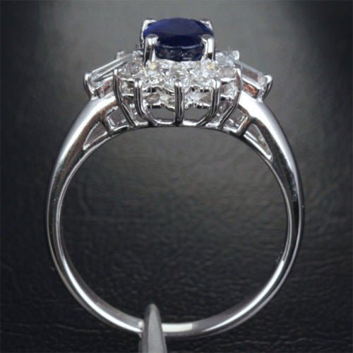 Oval Ceylon Blue Natural Sapphire Petal Halo Baguette Diamond Engagement Ring - Lord of Gem Rings