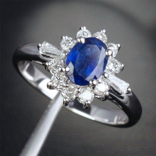 Oval Ceylon Blue Natural Sapphire Petal Halo Baguette Diamond Engagement Ring - Lord of Gem Rings