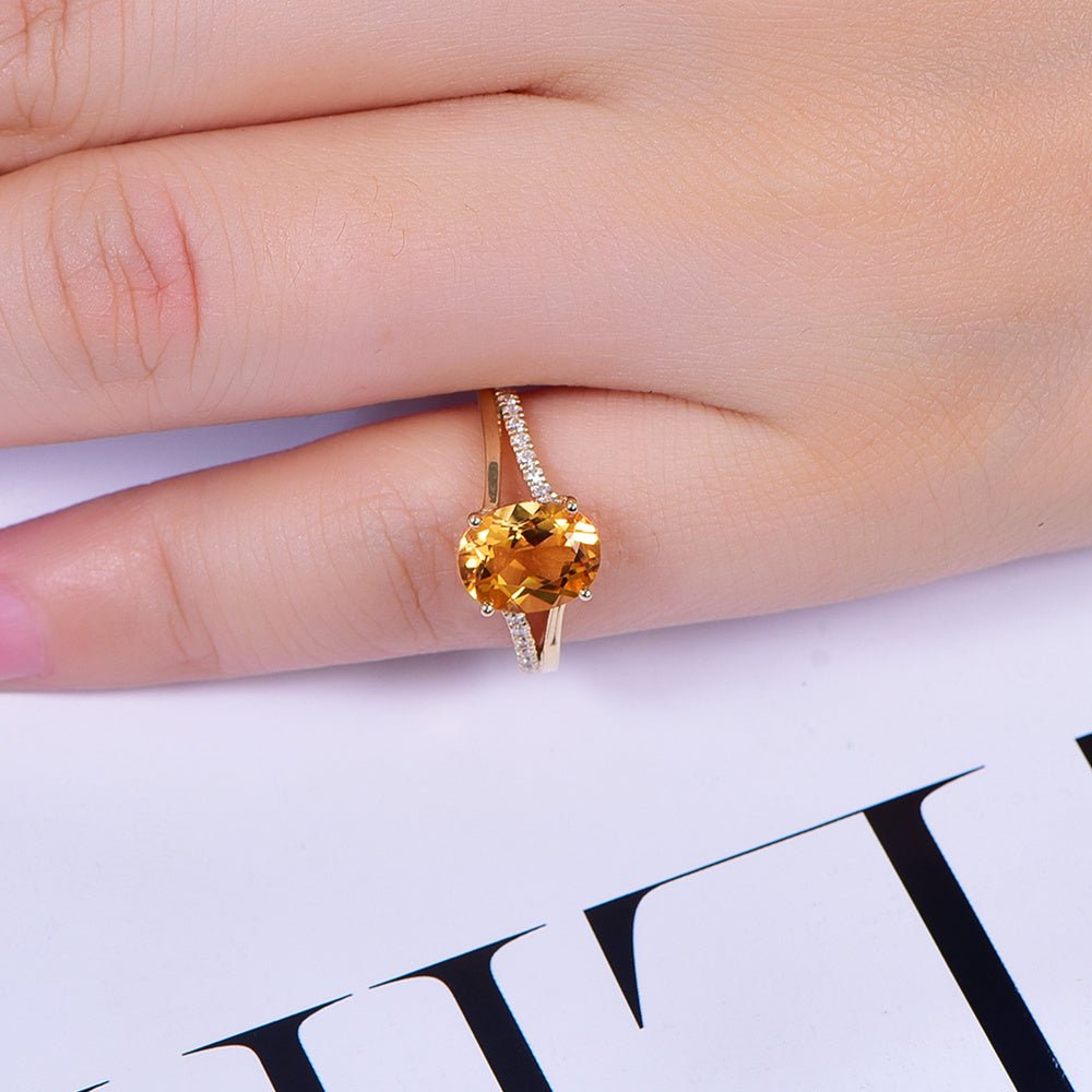 Oval Citrine and Diamond Engagement Ring, 14K Gold/Silver - Lord of Gem Rings