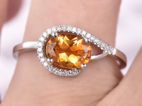 Oval Citrine Engagement Ring with Diamond Spiral Halo - Lord of Gem Rings