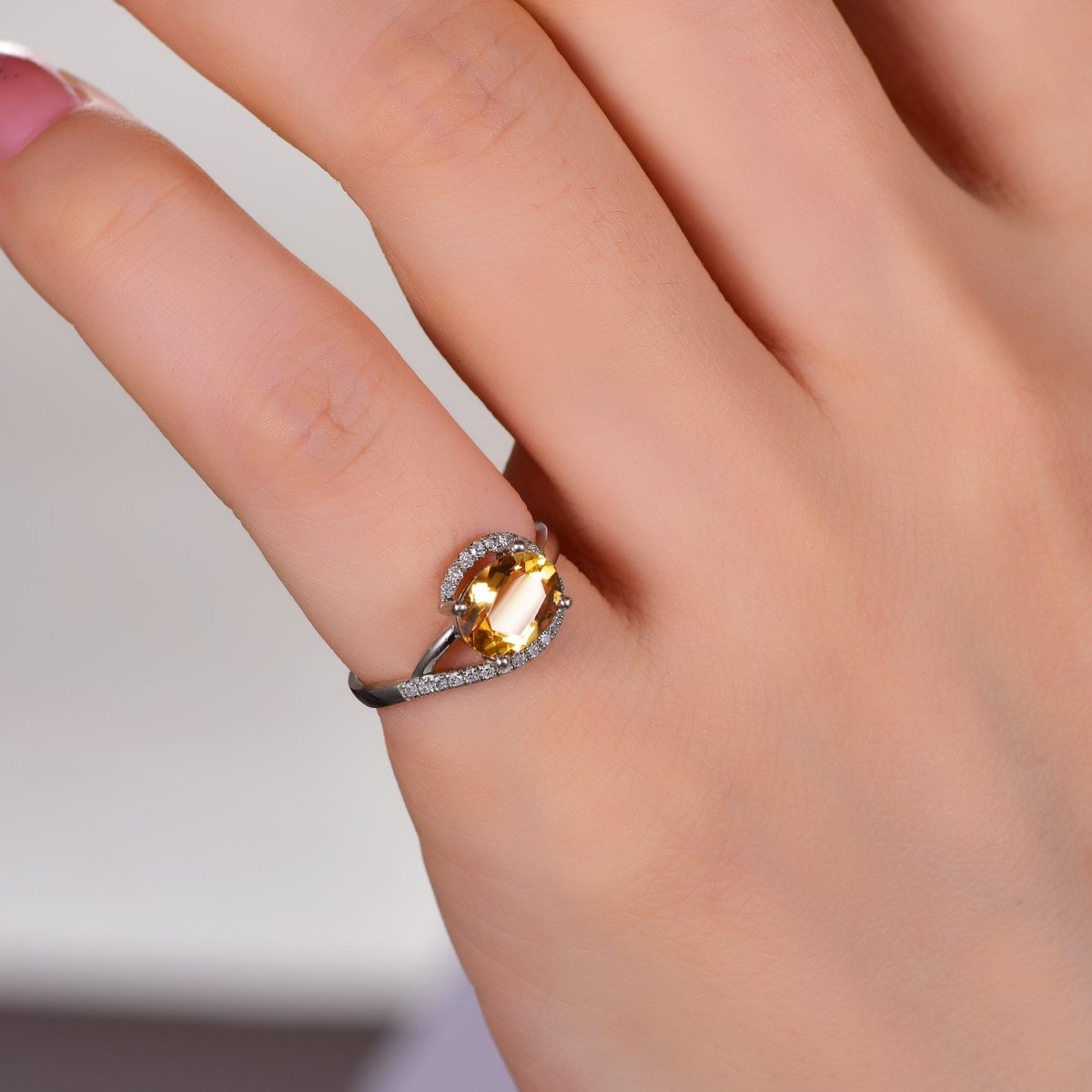 Oval Citrine Engagement Ring with Diamond Spiral Halo - Lord of Gem Rings