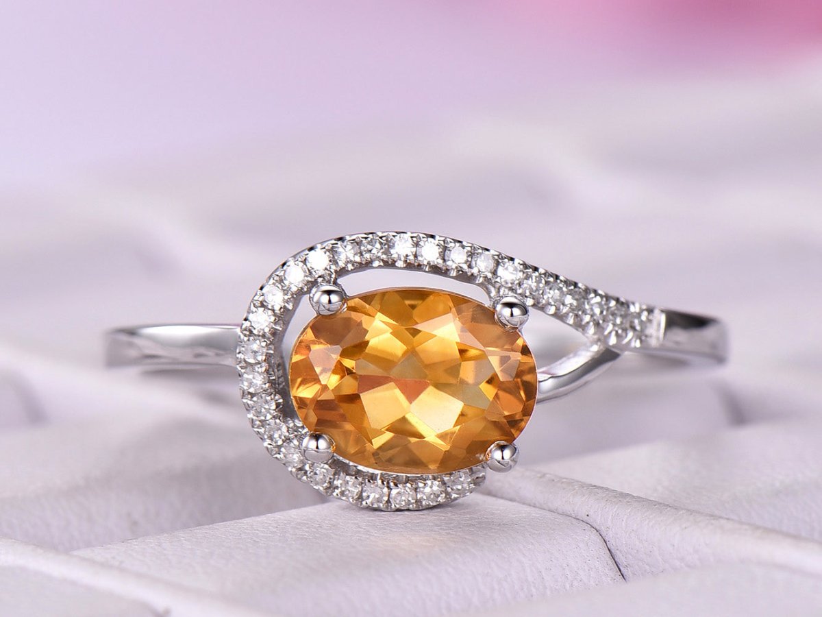 Oval Citrine Engagement Ring with Diamond Spiral Halo - Lord of Gem Rings