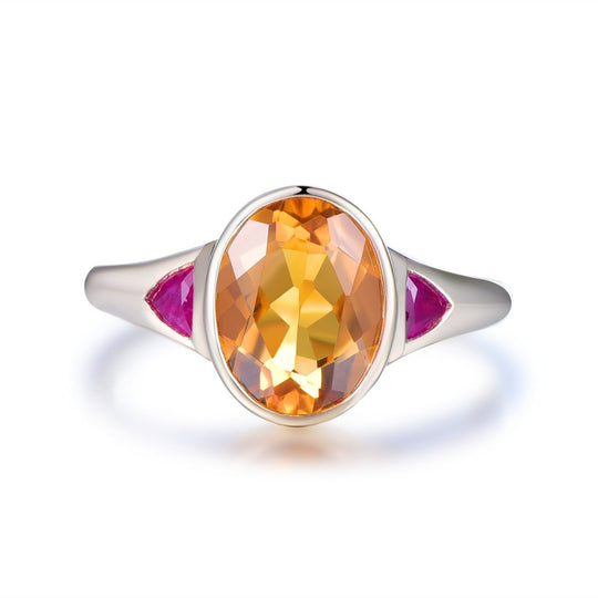 2-Carat Oval Citrine and Trillion Ruby Engagement Ring | 14K Gold or Silver Low Profile November Birthstone Ring