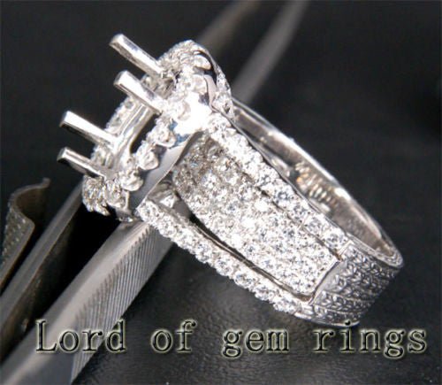 Oval Cut 14K White Gold Princess Diamonds Semi Mount Ring 9x11mm - Lord of Gem Rings
