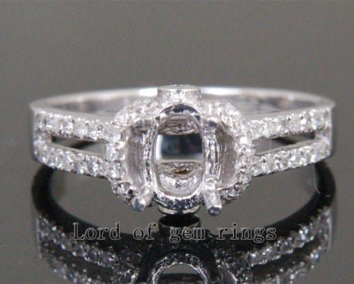 Oval Cut 5x7mm Real 14K White Gold Pave .36CT Diamond Engagement Semi Mount Ring