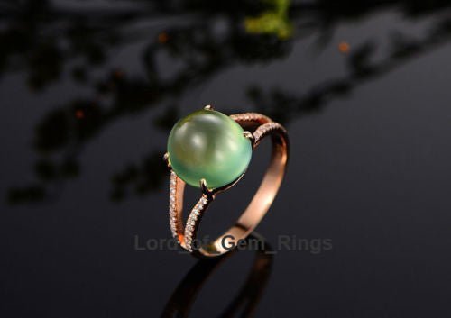 Oval Cut Green Prehnite Diamonds Split Shank Engagement Ring 14K Rose Gold - Lord of Gem Rings