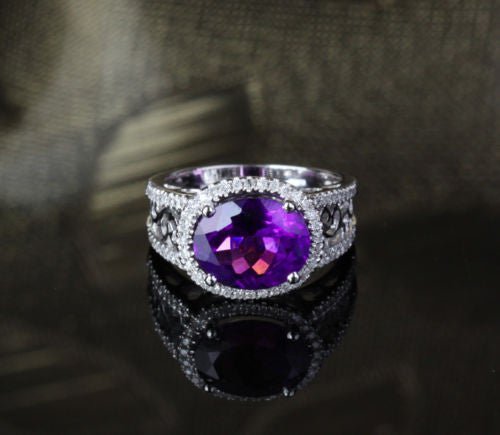 Oval Dark Purple Amethyst Filigree Engagement Ring with Diamond Accents - Lord of Gem Rings