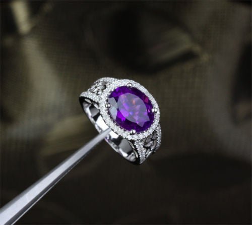 Oval Dark Purple Amethyst Filigree Engagement Ring with Diamond Accents - Lord of Gem Rings