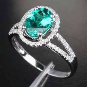 Oval Emerald Accents Diamond Halo Split Shank Engagement Ring - Lord of Gem Rings