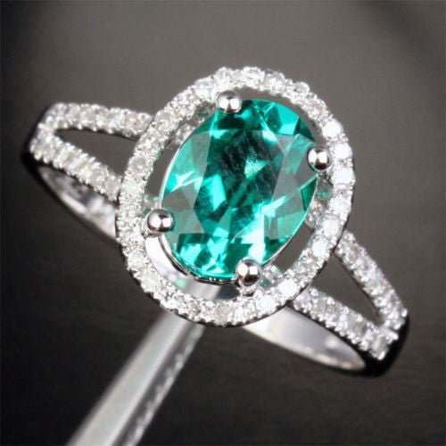 Oval Emerald Accents Diamond Halo Split Shank Engagement Ring - Lord of Gem Rings