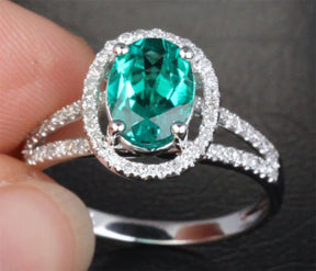 Oval Emerald Accents Diamond Halo Split Shank Engagement Ring - Lord of Gem Rings