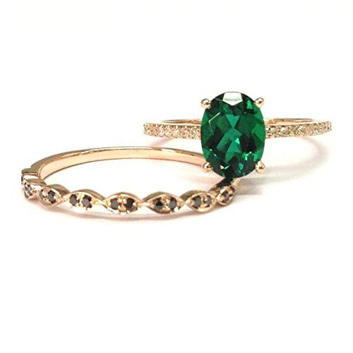 Oval Emerald Black Diamond Band Bridal Set 14K Rose Gold