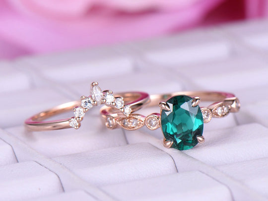 Oval Emerald Contour Moissanite Tiara Bridal Set 14k Rose Gold