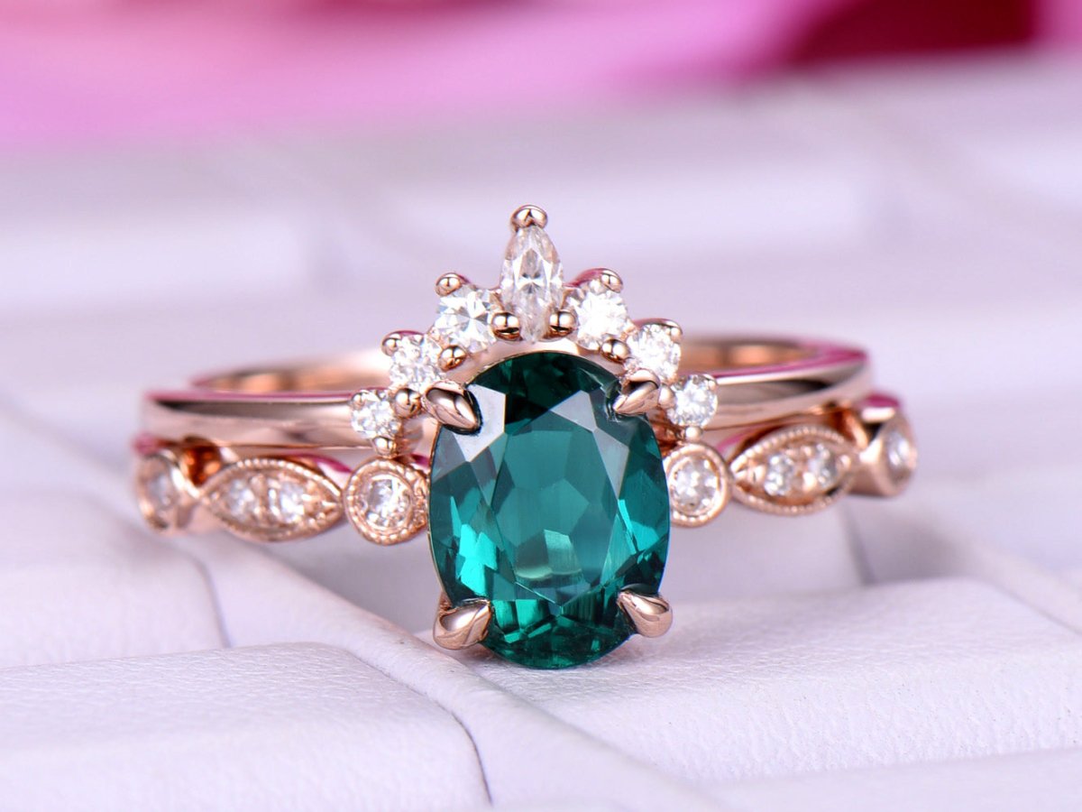 Oval Emerald Contour Moissanite Tiara Bridal Set 14k Rose Gold - Lord of Gem Rings