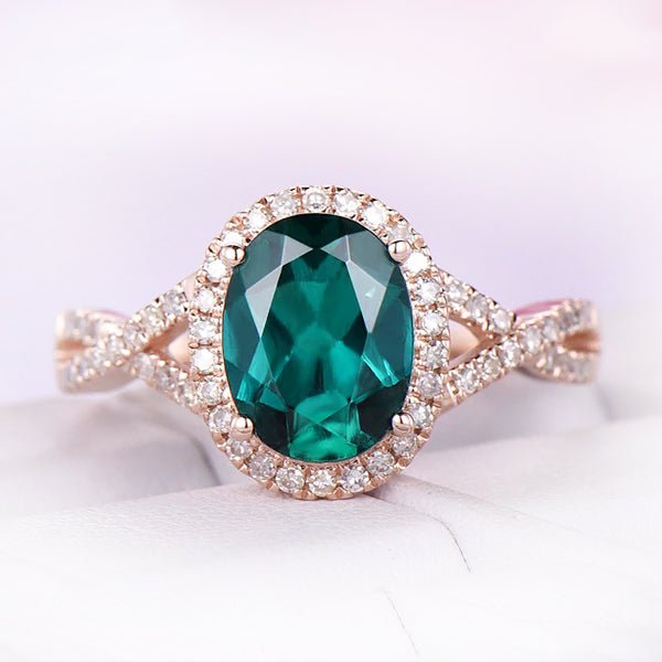 Oval Emerald Diamond Halo Infinite Love Engagement Ring - Lord of Gem Rings