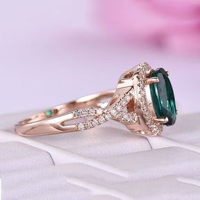 Oval Emerald Diamond Halo Infinite Love Engagement Ring - Lord of Gem Rings