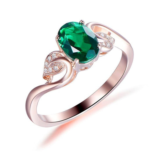 Oval Emerald Diamond Leaf Engagement Ring 14k Rose Gold