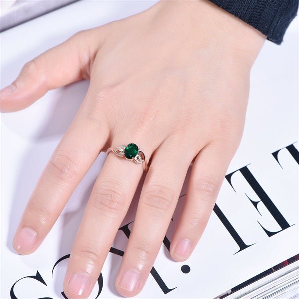 Oval Emerald Diamond Leaf Engagement Ring 14k Rose Gold - Lord of Gem Rings