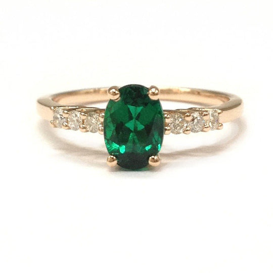 Oval Emerald Prong-Set Triple Diamond Engagement Ring