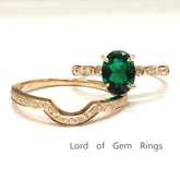 Oval Emerald Ring & Diamond Curved Band Bridal Set 14k Rose Gold - Lord of Gem Rings