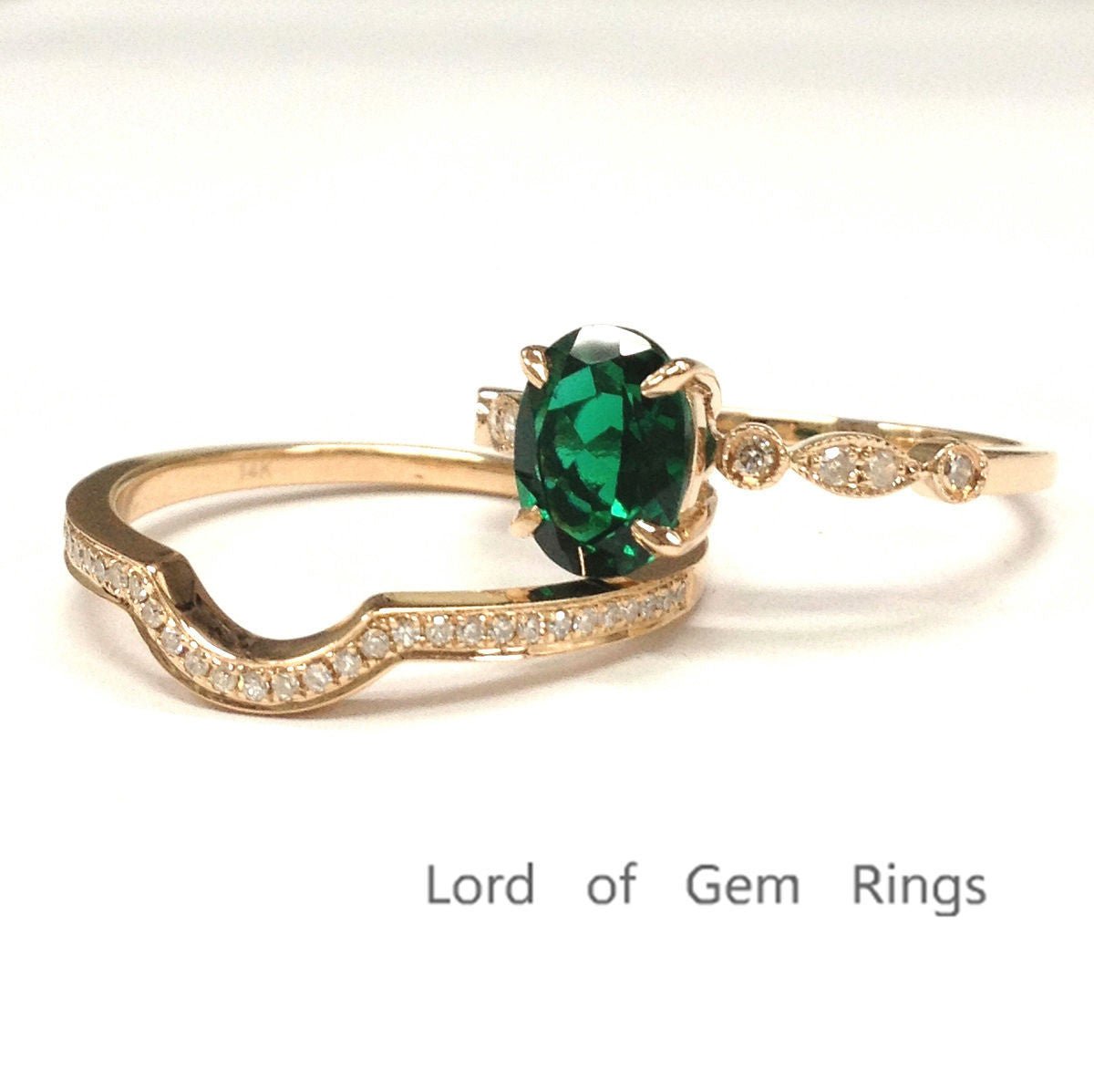 Oval Emerald Ring & Diamond Curved Band Bridal Set 14k Rose Gold - Lord of Gem Rings