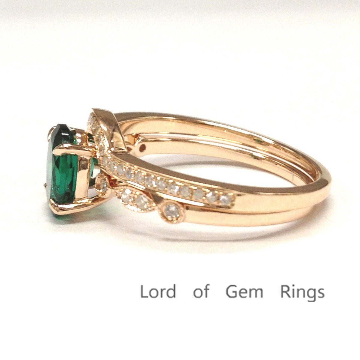 Oval Emerald Ring & Diamond Curved Band Bridal Set 14k Rose Gold - Lord of Gem Rings