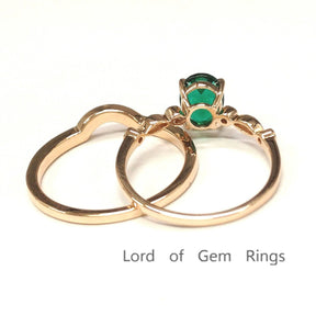 Oval Emerald Ring & Diamond Curved Band Bridal Set 14k Rose Gold - Lord of Gem Rings