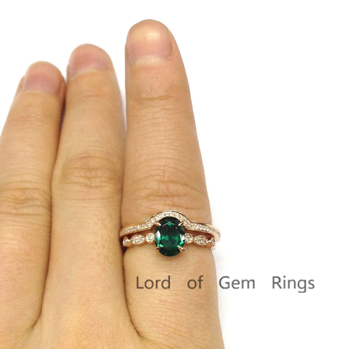 Oval Emerald Ring & Diamond Curved Band Bridal Set 14k Rose Gold - Lord of Gem Rings